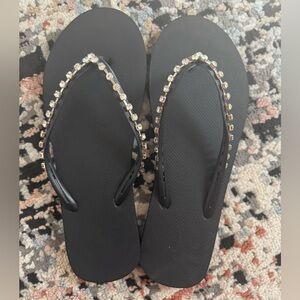 Black Flip-Flops with Rhinestone Detailing